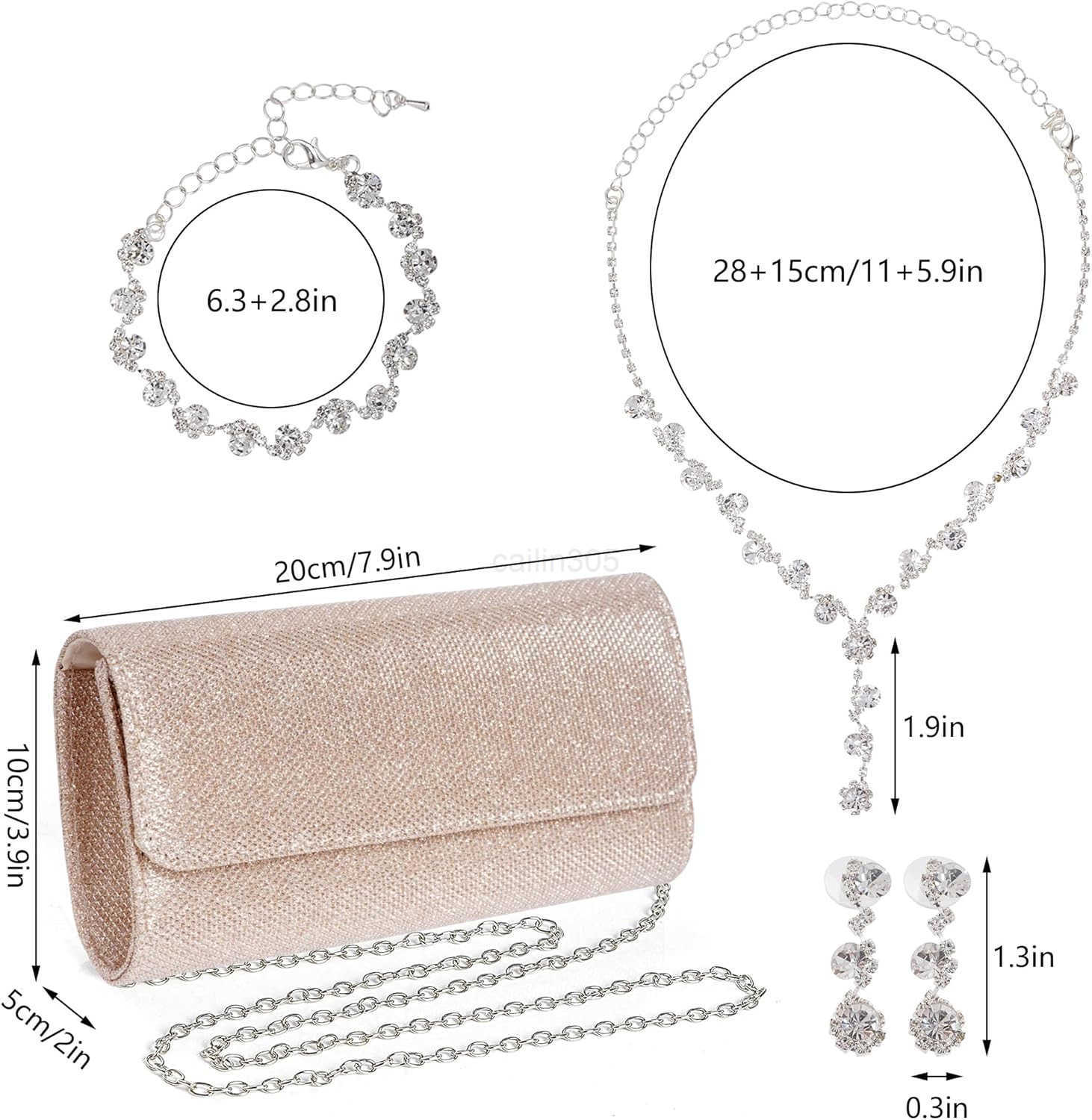 4 Pieces Women Evening Rhinestone Jewelry Set Bling Glitter Clutch Purse Necklace Earrings Bracelets for Women Bride Wedding Evening Party Z25909