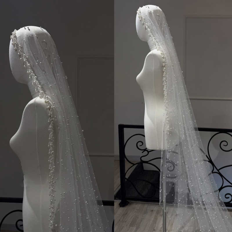 Princess Pearls Wedding Veil Beaded 1 Layer Long Chapel Length Bride Veils With Comb Customized Bridal Accessories High Quality