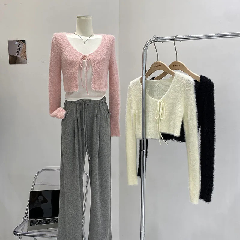 2026 Autumn Women Vneck Long Sleeve Knitted Sweaters Bow Lace Up Solid Color Slim Short Casual Cardigans Tops 250911