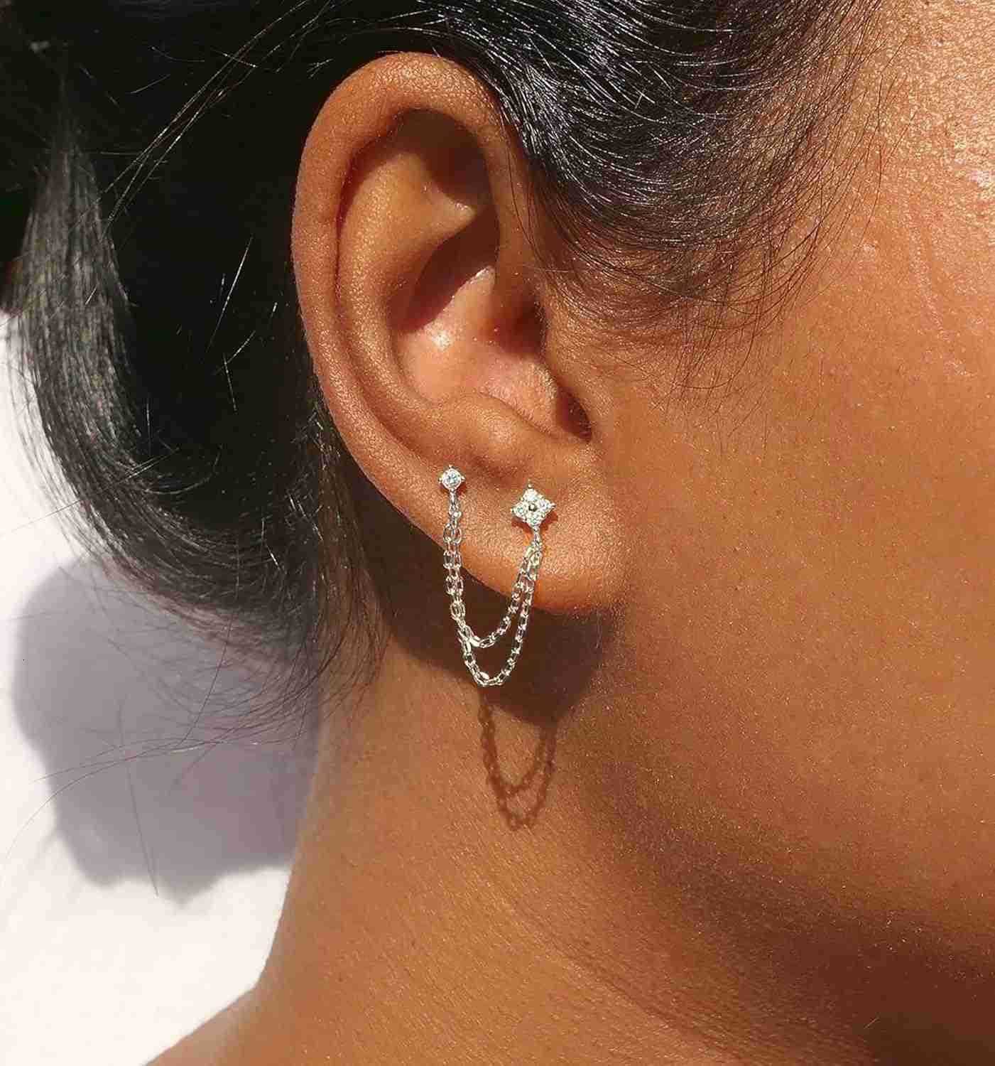 Gold Chain Studs Earrings for Women Trendy Hypoallergenic 14K Gold Plated Dangle Earrings Dainty Small Long Chain Earring Set Fashion Gold Jewelry for
