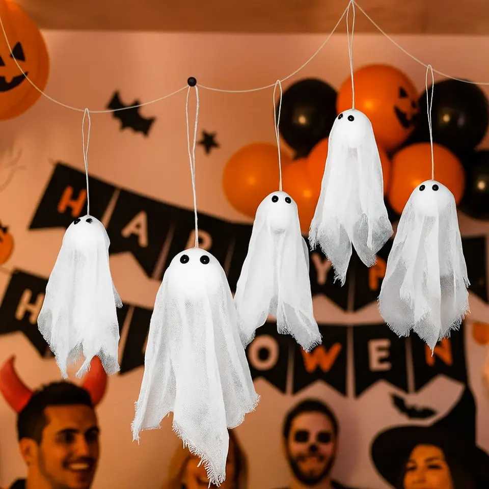 10pcs White Halloween Ghost Gauze Pendant Novelty DIY Spooky Ghost Decor Decorative Ghost Hanging Ornament Porch Decor H250908