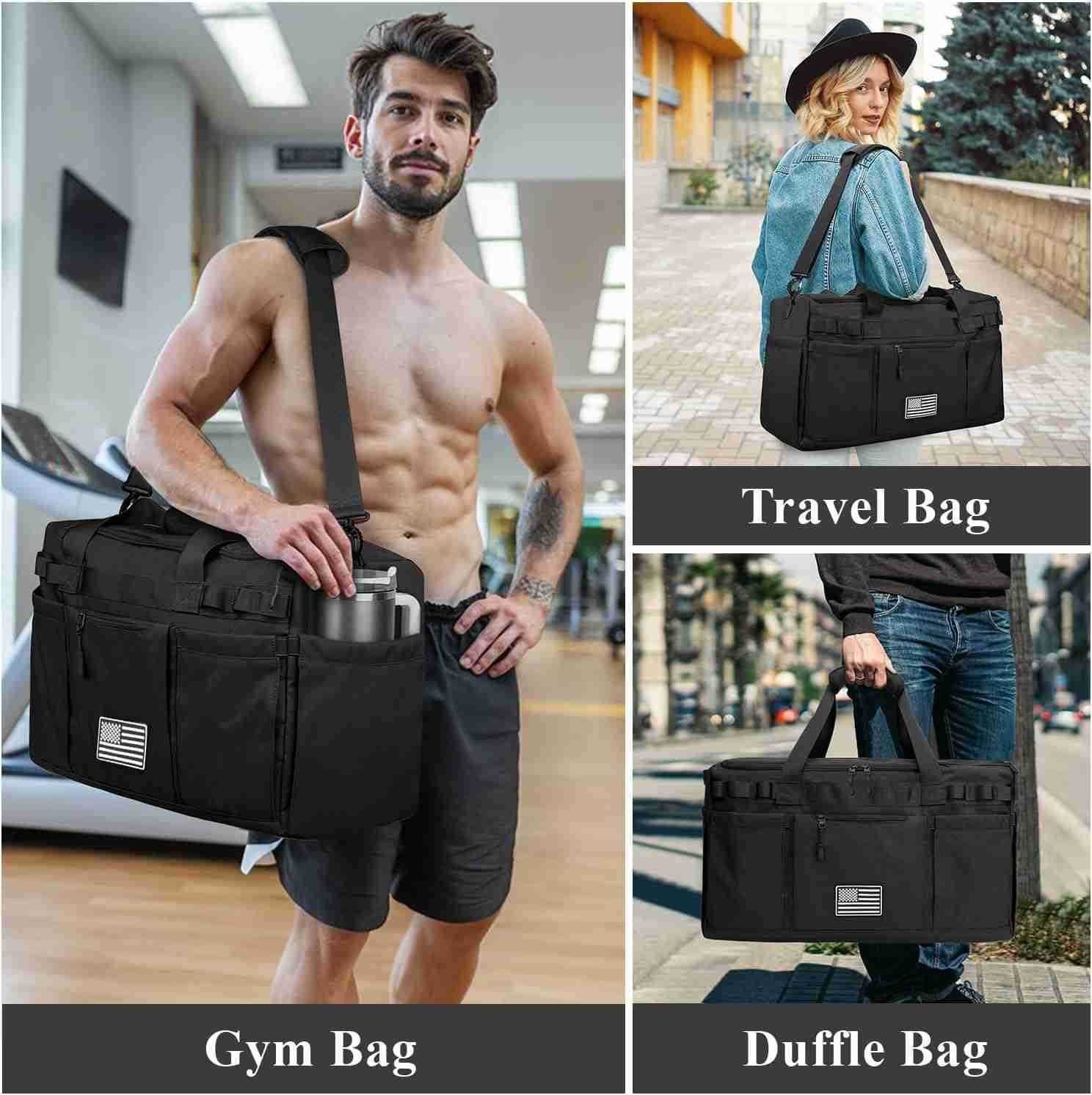 Gym Bag for Men Women Tactical Travel Duffel bag with Removable Dividers Shoe Compartment Weekender Carry on Bag with Toiletry Bag Overnight Range Bag