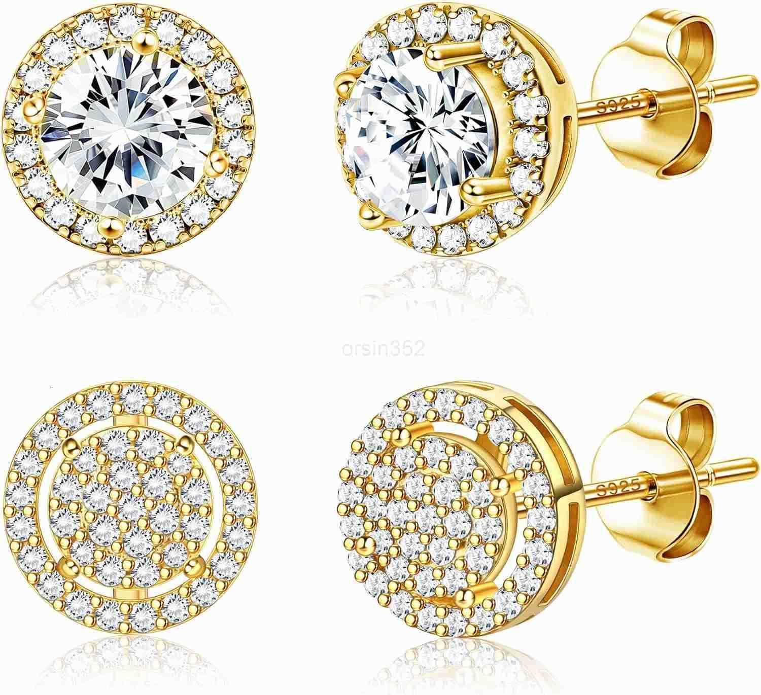 Cubic Zirconia Stud Earrings for Men Women 14K Gold Plated Hypoallergenic 925 Sterling Silver Post Earrings Set Iced Out Round Square CZ Studs Simulat