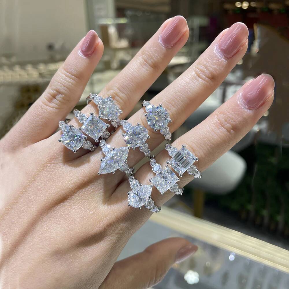 Serenity 38ct Emerald Heart Oval Marquise D Color Moissanite Rings for Women Wedding Bridal S925 Sterling Silver Rings Jewelry