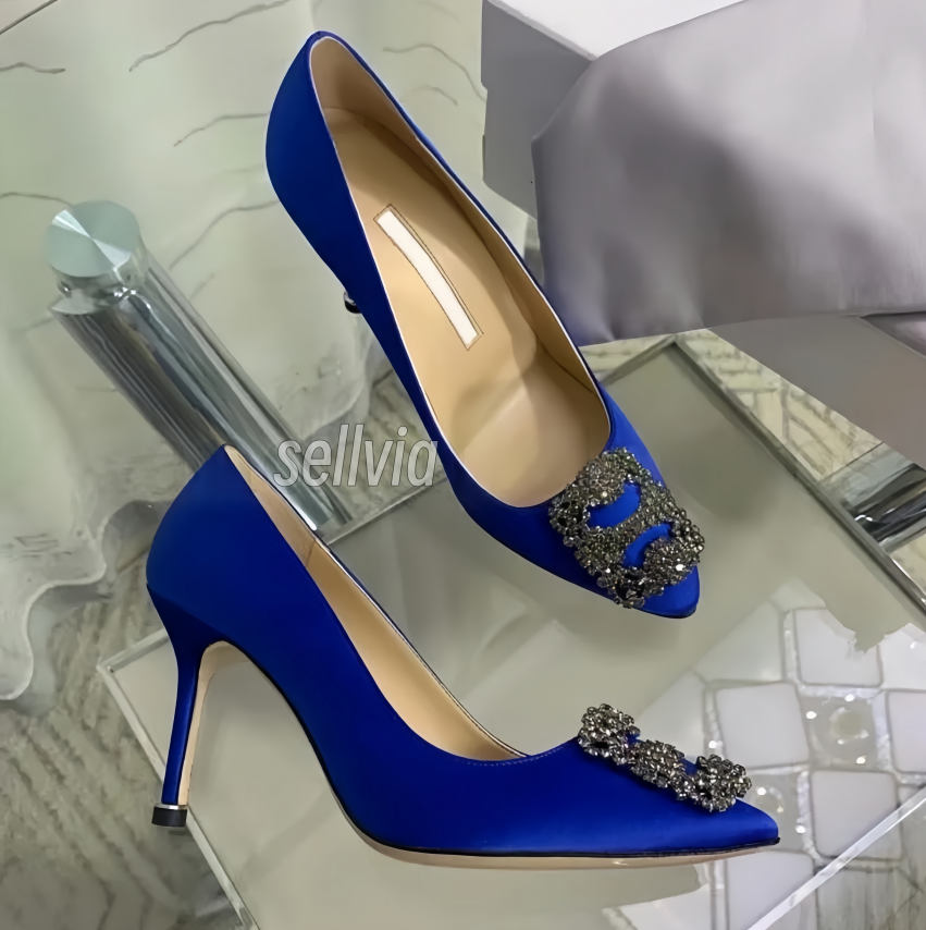 Designer High Heels Manolo Slingback heels Blahnik Maysli kitten heels Women's Satin rhinestone pointy pump 6-10cm women's sexy party wedding stiletto pumps 35-43