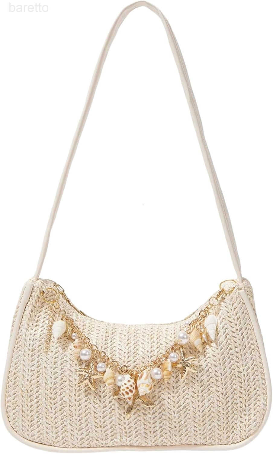 Womens Seashell Pearl Beaded Woven Underarm Shoulder Bags Beach Vacation Top Handle Zipper Single Strap Handbag Z250909
