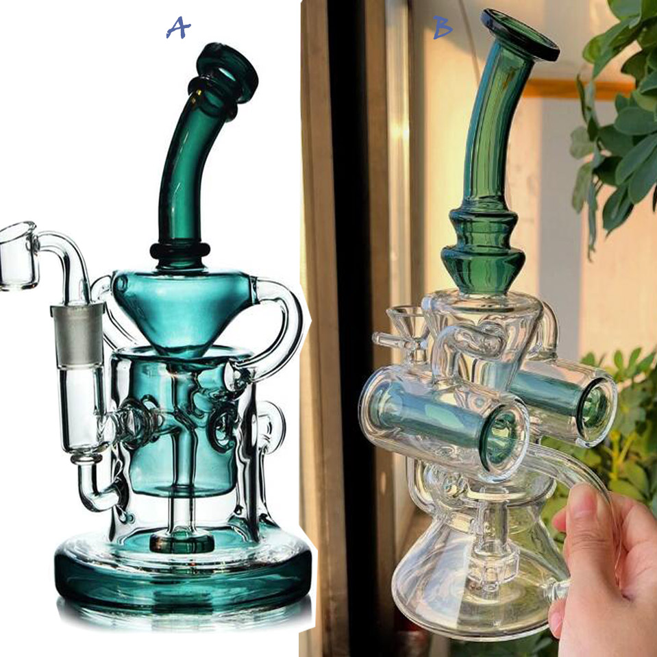 Green Glass Bong Recycler Water Pipes Bubbler Hookahs Smoking Glass Water Bongs Smoking Pipe With 14mm Bowl