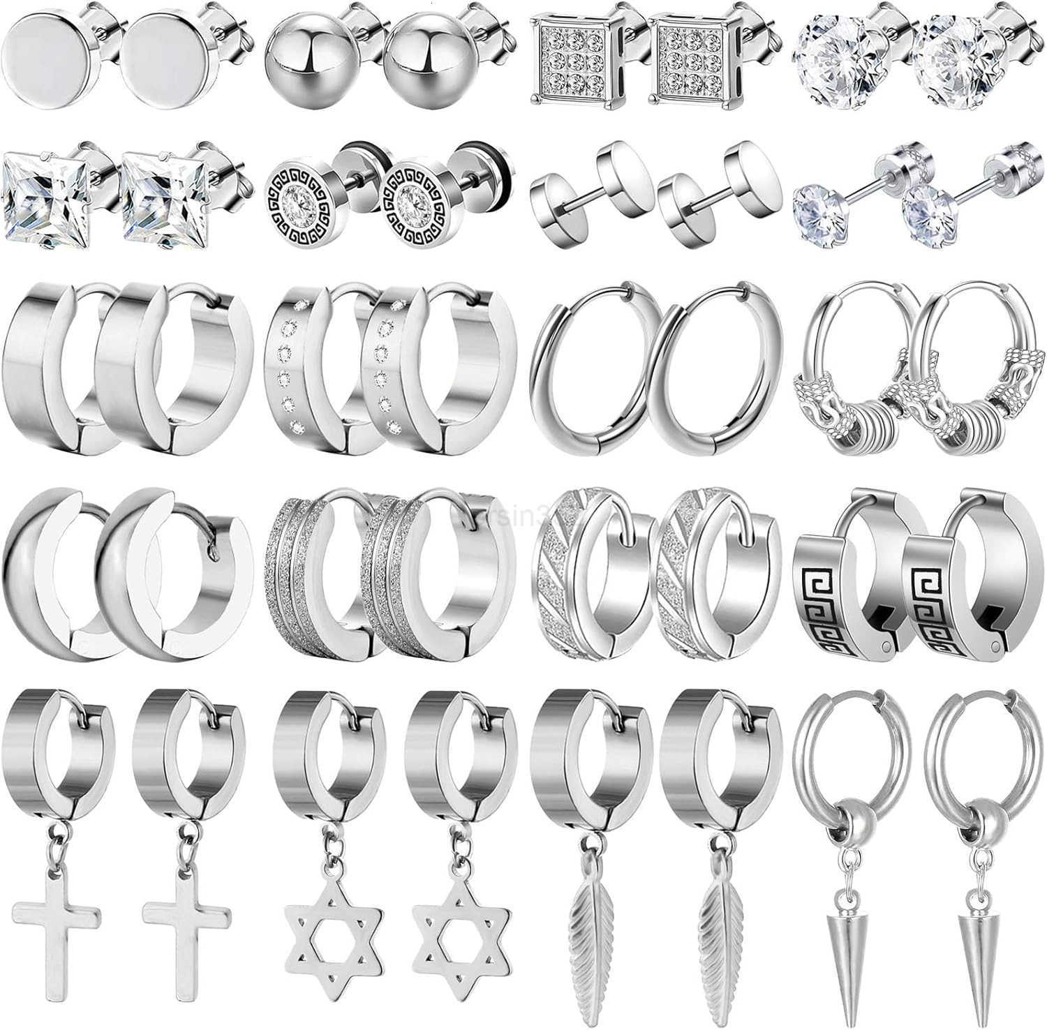 20 Pairs Stainless Steel Stud Earrings for Men Hypoallergenic Earring Unisex Punk Earring Hoop Hinged Dangle Cross Earrings for Men WomenW250909