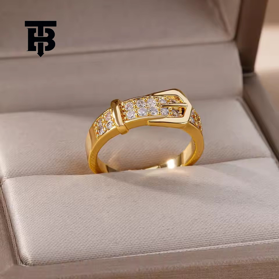 TB BHULAMTE Free Shipping New Designer Accessory Zircon Inlaid Belt Ring 18K Gold-plated Adjustable Open Women's Ring Jewelry