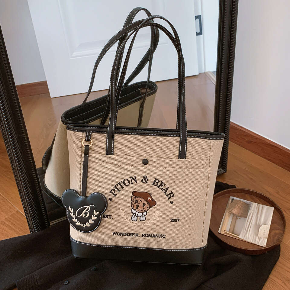 Canvas Beibao Fashion Jacquard Embroidery Cartoon Bear Tote For Women Commuting Shoulder Bag