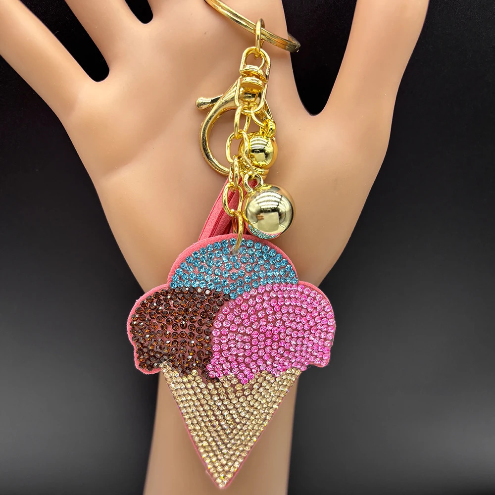 Sweet Three Balls Ice Cream Keychain For Women Men Tassel Rhinestone Pink Female Summer Bag Charm Hanging Kerholder Jewelry 250909