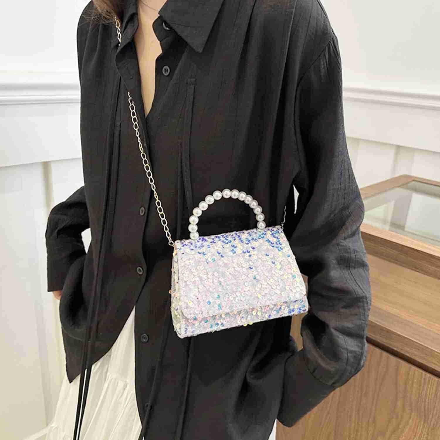 Bag for Women Sequin Pearl Handles Clutch Purses Crossbody Bag for Wedding Prom Parties TravelWhite Z25909