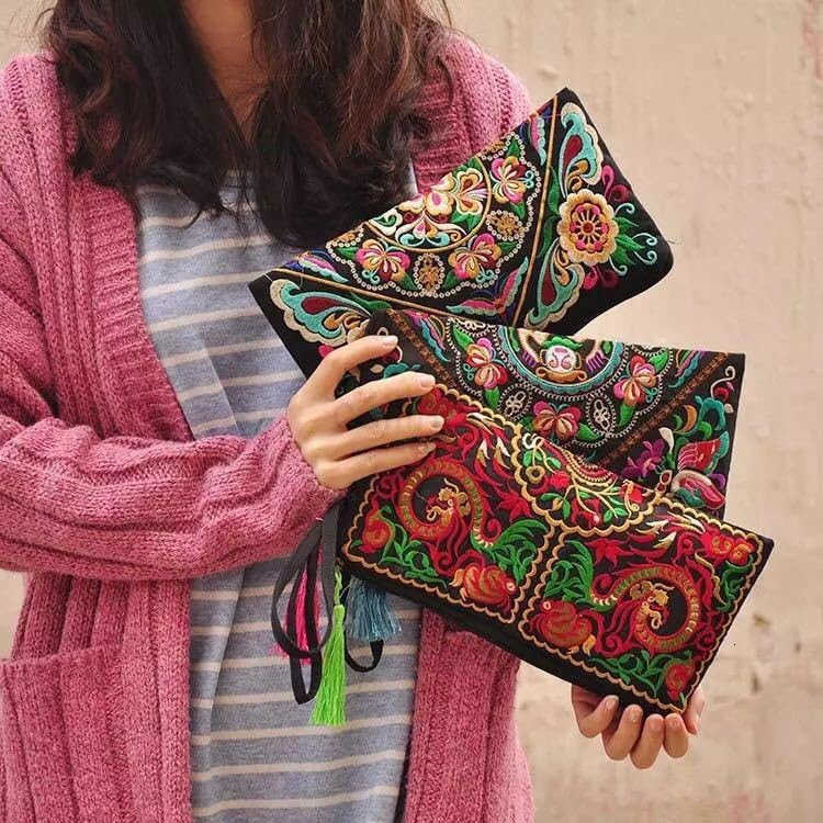 Embroidered Boho Wristlet Women Girls Evening Clutch Bags Handbags Handmade Beach Bag With Lanyard Z25909