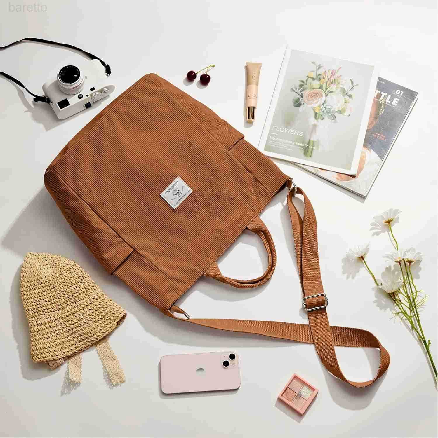 Corduroy Tote Bag Large Messenger Bag Shoulder Hobo Anti Splash Crossbody Zipper Bag Casual Work Shopping Women Z250909