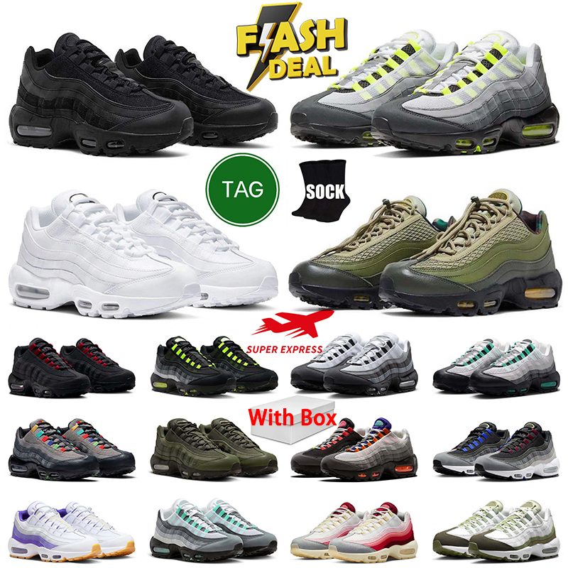 with box Mens 95 Running Shoes OG Airsmaxs Solar Triple Black White 95s Dark Army Worldwide Seahawks Particle Grey Neon Airs Red Greedy