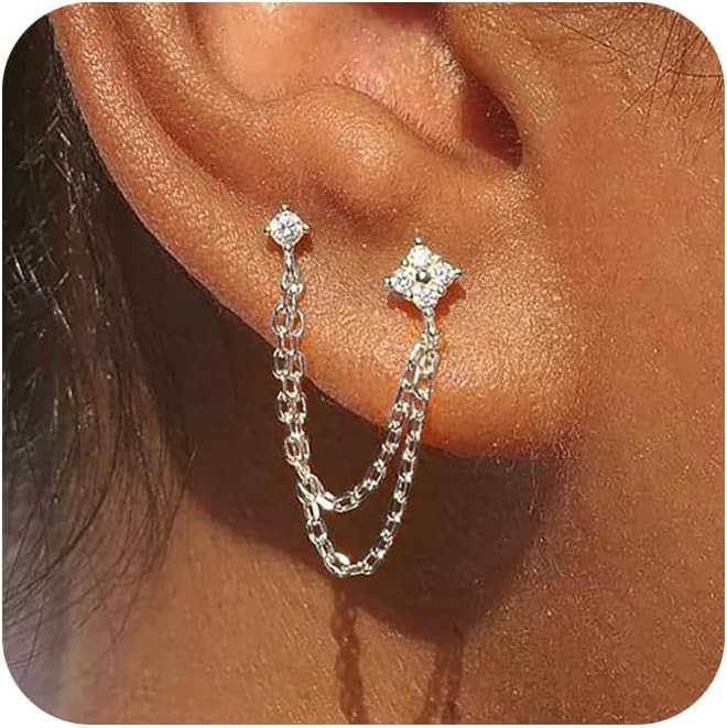 Gold Chain Studs Earrings for Women Trendy Hypoallergenic 14K Gold Plated Dangle Earrings Dainty Small Long Chain Earring Set Fashion Gold Jewelry for