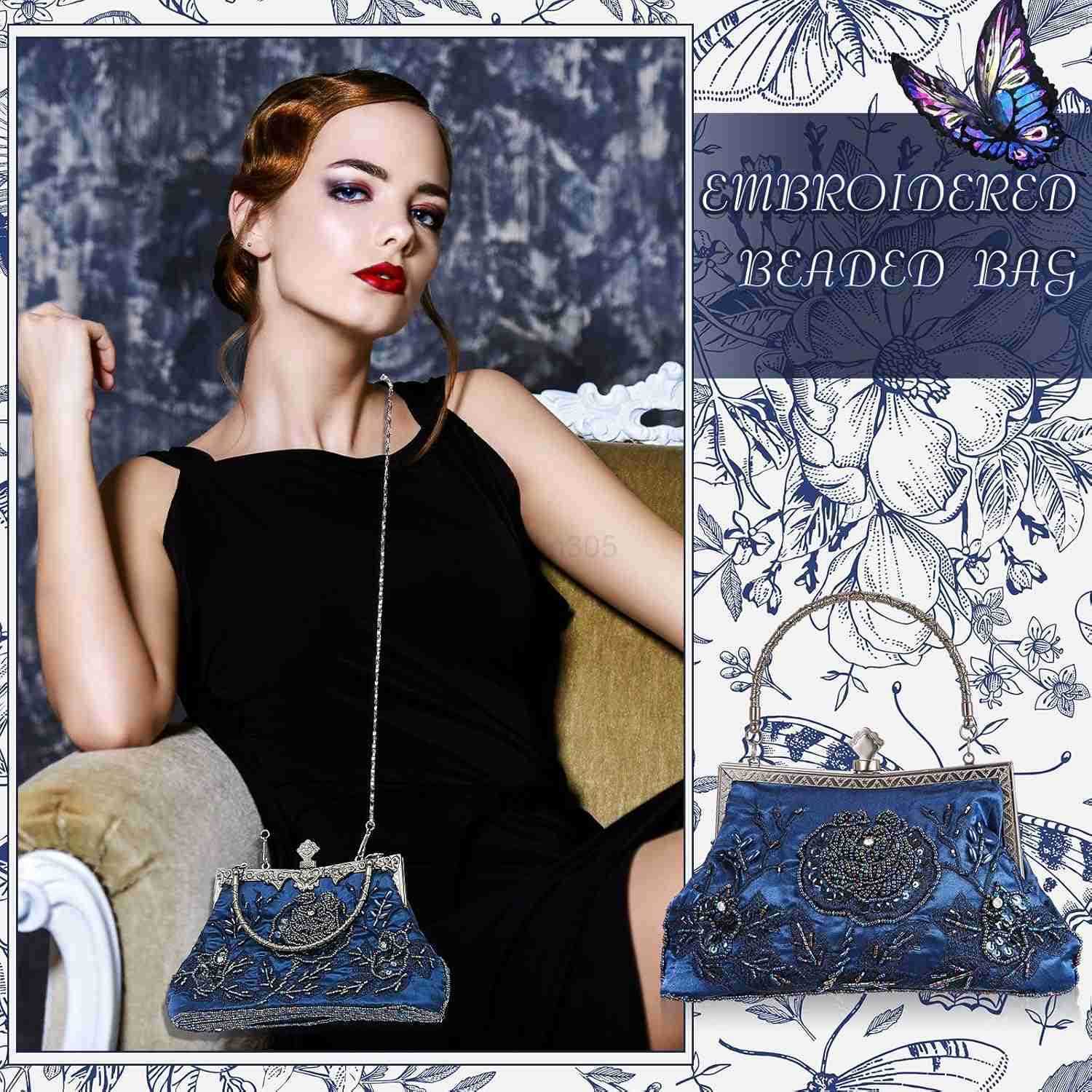 Beaded Clutch 86 x 52 x 28 Inch Vintage Embroidery Evening Bag Sequin Rhinestone Clutch Purse Floral Crossbody Bag Z25909