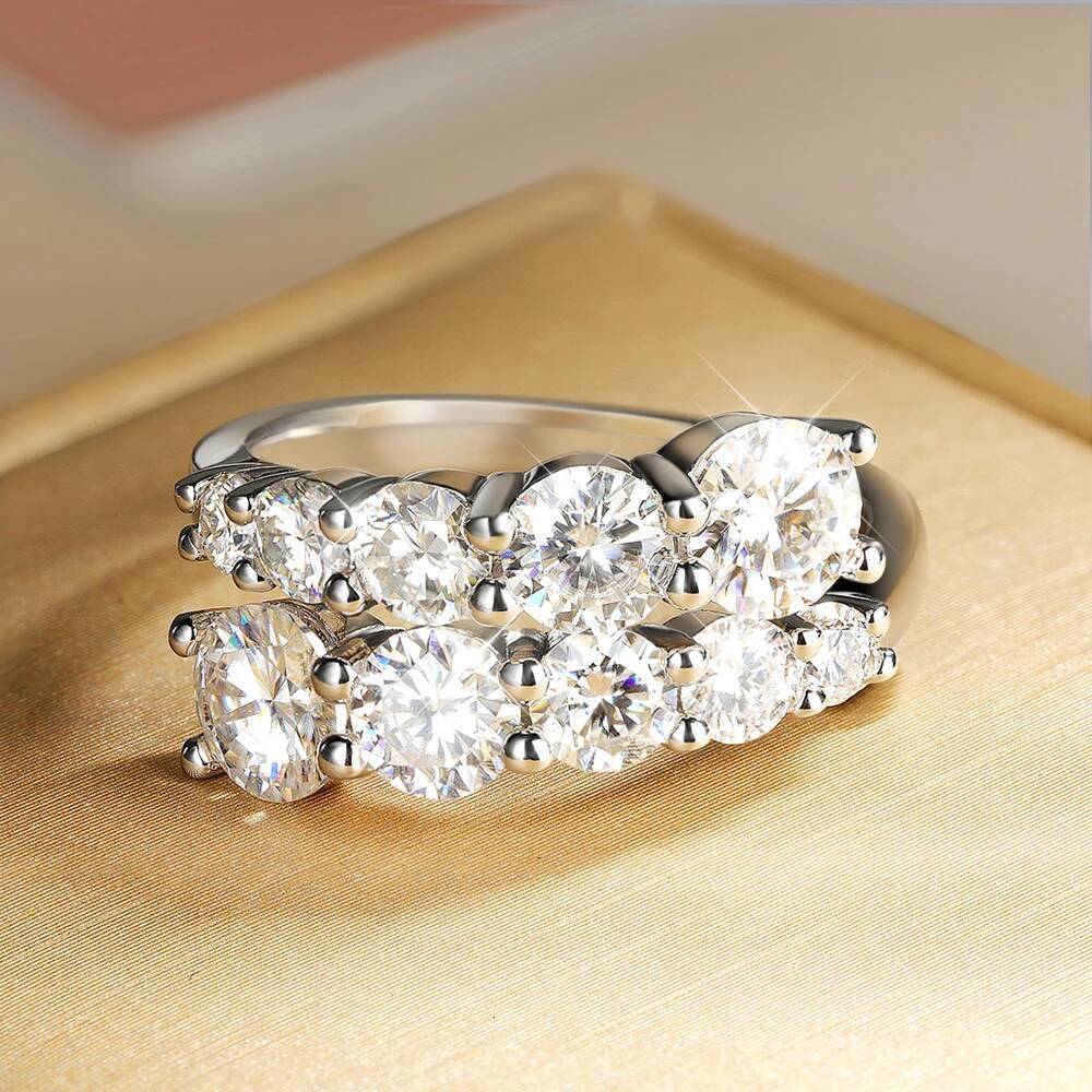 OEVAS Double Row Full Moissanite Rings for Women 100 S925 Sterling Silver Sparkling Lab Diamond Wedding Band Fine Jewelry Gift