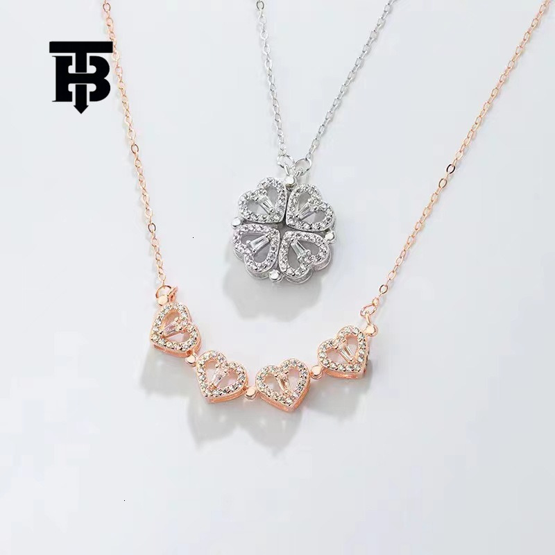 TB BHULAMTE Free Shipping New Designer Accessories Sterling Silver Heart Clover Open And Close Foldable Two-way Necklace Full Diamond Light Luxury Cla