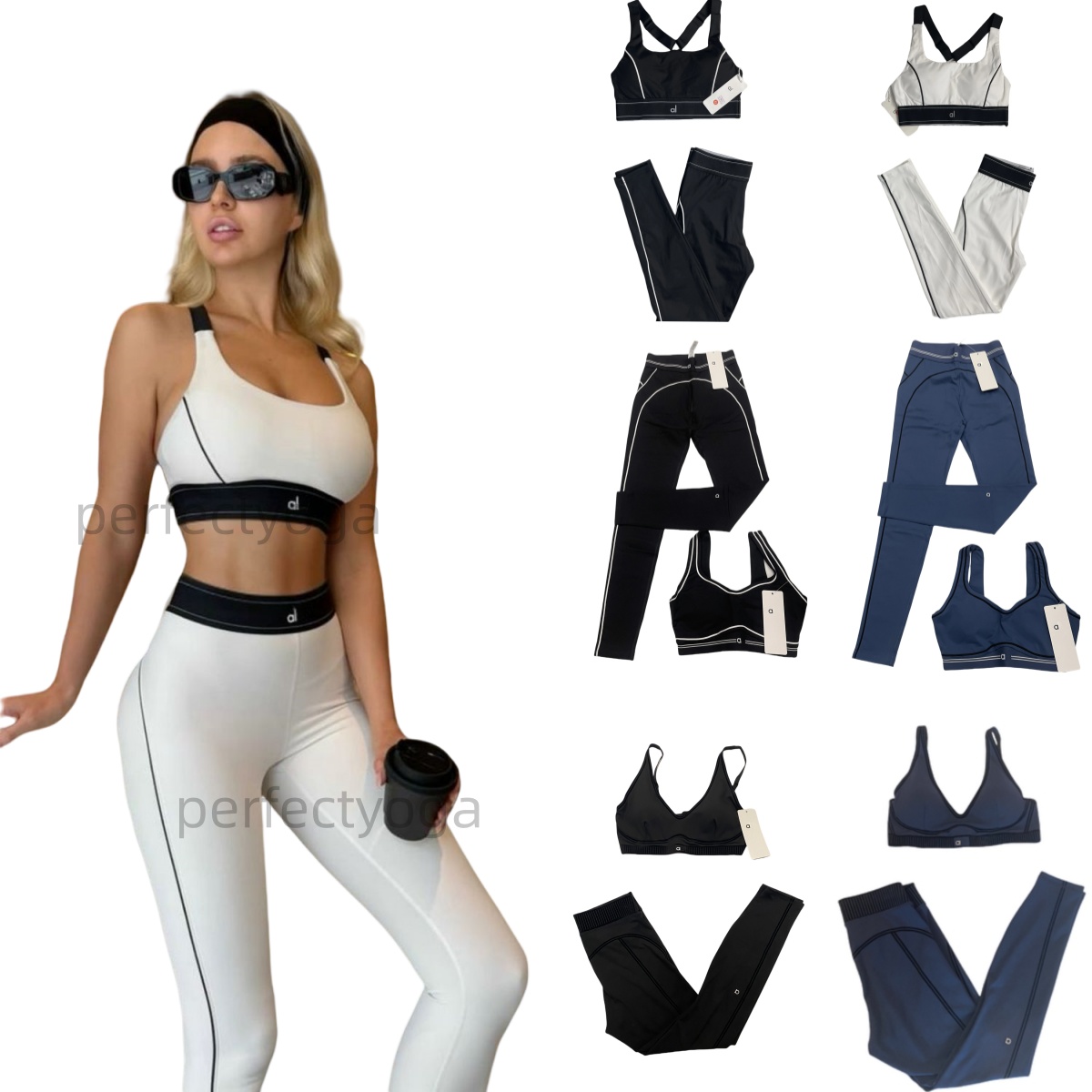 free shipping NEW 10A Yoga Aloness Sets Sports Heart Throb Bra+Leggings High End White Striped Pants Back Yoga Outfits Set Summer Women Clothes Bra Aloness Set Suit