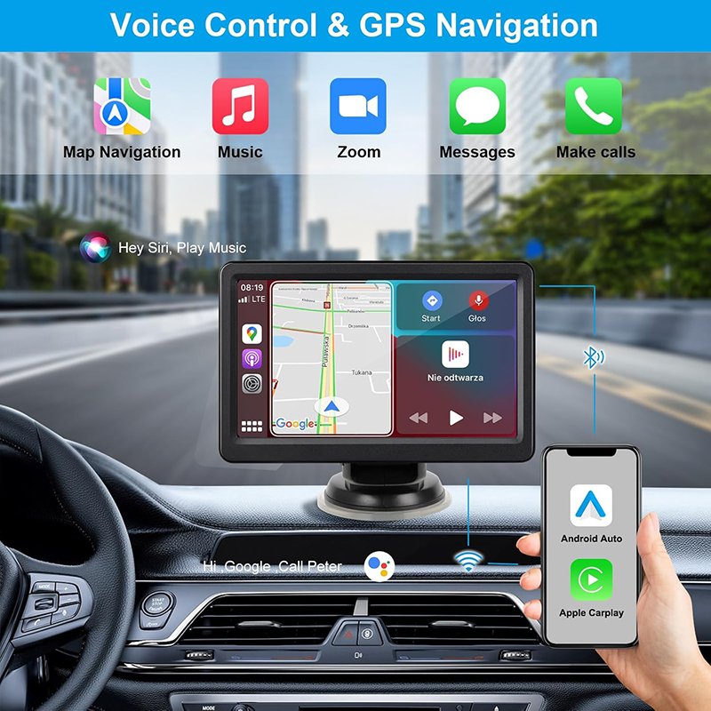 HD 7 Inch Portable Car Stereo Carplay Touch Utor28 Screen With Wireless Android Auto Mirror Link/Bluetooth/Gps/Voice Control/Fm/Aux For All Vehicles