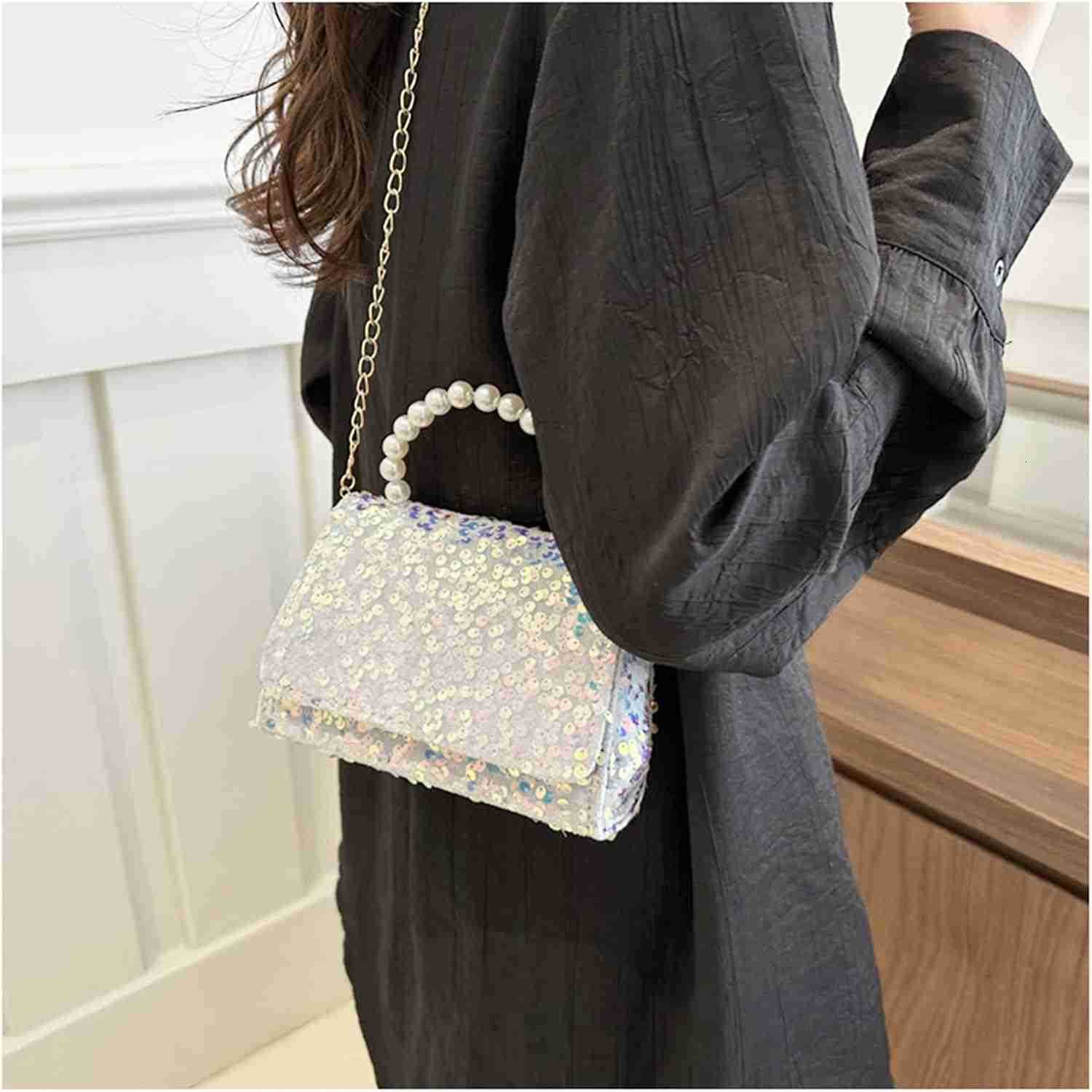 Bag for Women Sequin Pearl Handles Clutch Purses Crossbody Bag for Wedding Prom Parties TravelWhite Z25909