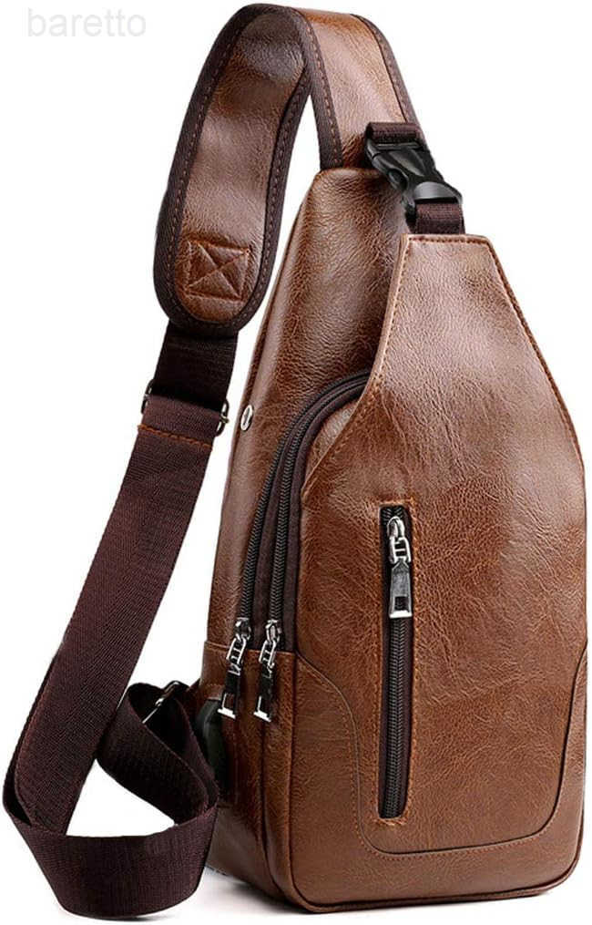 Rop Men Sling Bag Anti Theft Shoulder Bag Small Leather Crossbody Sling Backpack with USB Charge Port Brown Z250909