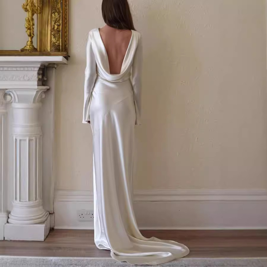 Womens Sexy Dress Slim Fit Backless Solid Color Round Neck Long Dress Mermaid 8086 240820