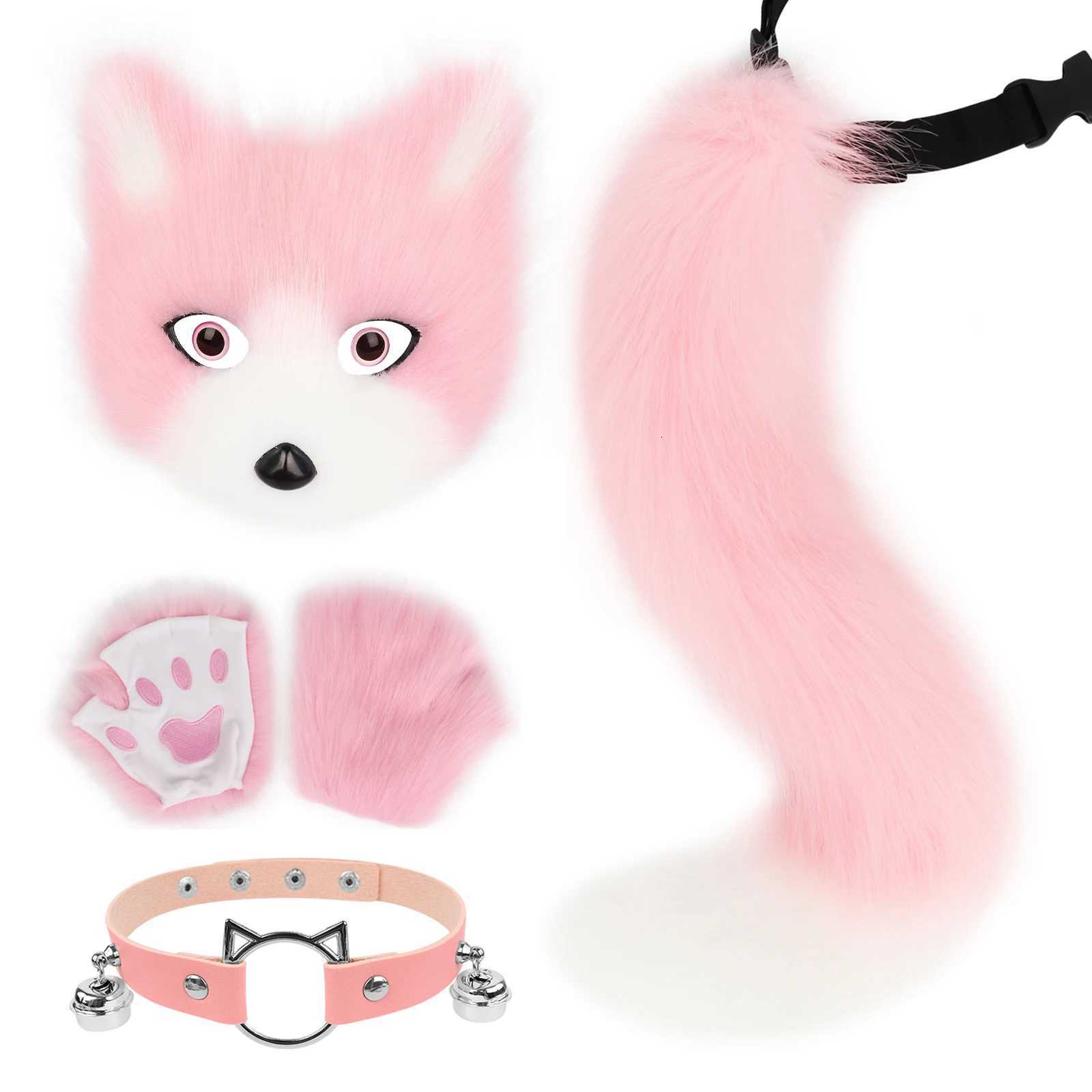 Faux Fur Fox Tail Cat Mask Paw Gloves and Leather Choker Costume Accessories Set for Cosplay Parties H250908