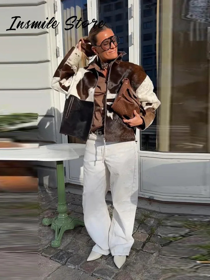 Chic Cow Pattern Zipper Short Jacket Women Lapel Full Sleeve Pockets Loose Coat Female Autumn Lady Street Outwear 250909