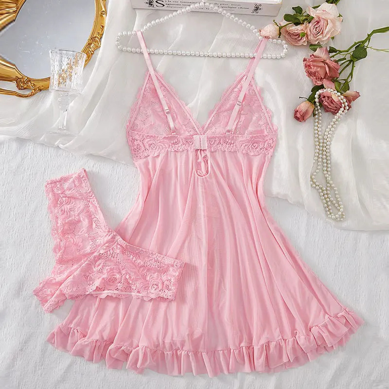2025 Lace Sleeping Robe Nightgown Set Erotic Pajamas With Summer Sleeveless Halter Dress Sexy Sleepwear For Plus Size Woman 250909