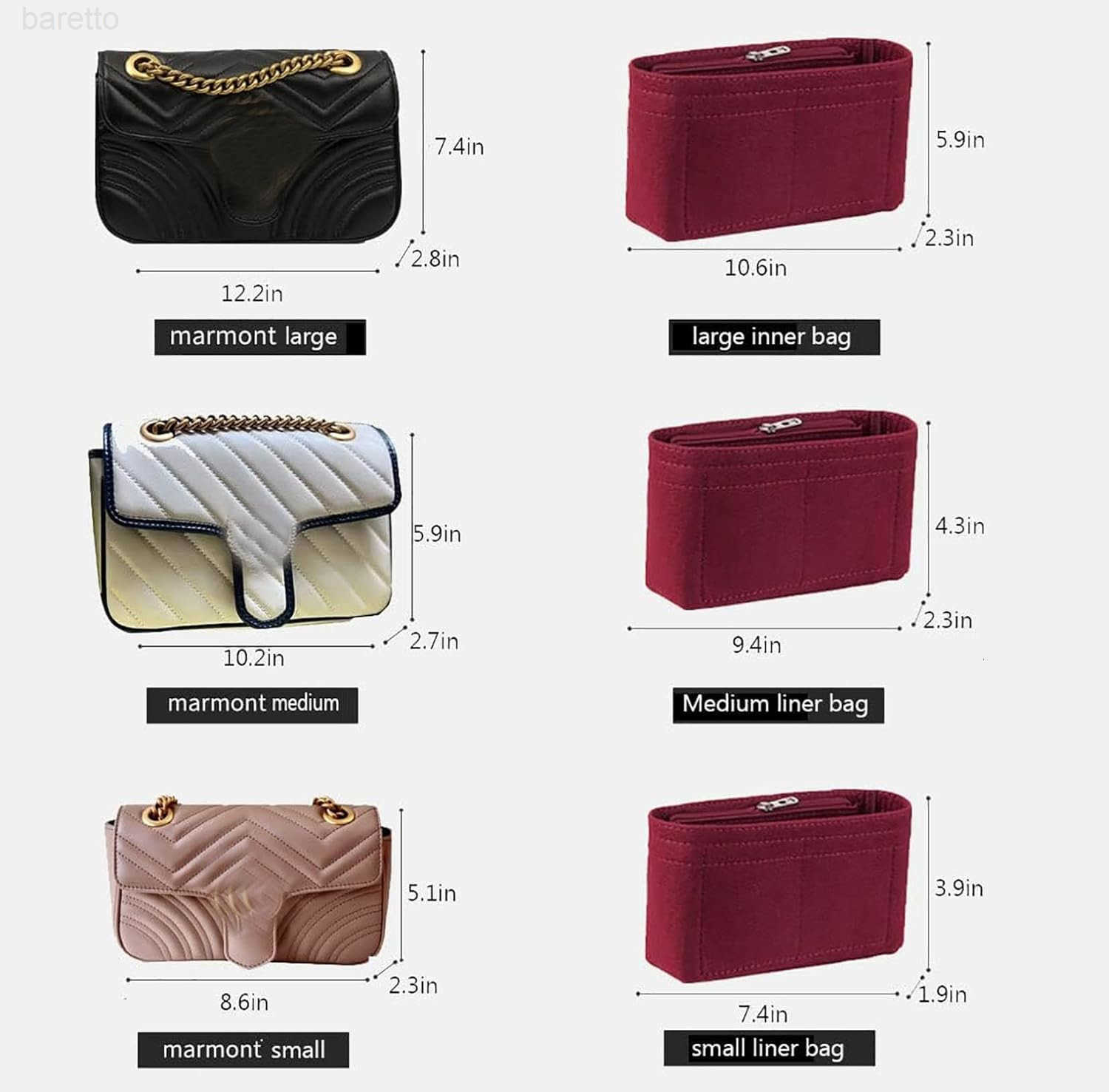 Purse Organizer insert pocket for marmont matelass shoulder bagsingle pack with zipper 2000AbrownM Z250909