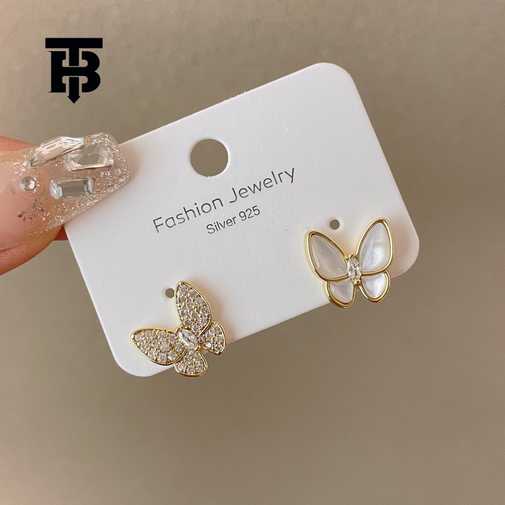 TB BHULAMTE Free Shipping New Designer Accessories Asymmetric Shell Butterfly Earrings Micro-inlaid Zircon Earrings Style Elegant Simple Versatile Ear