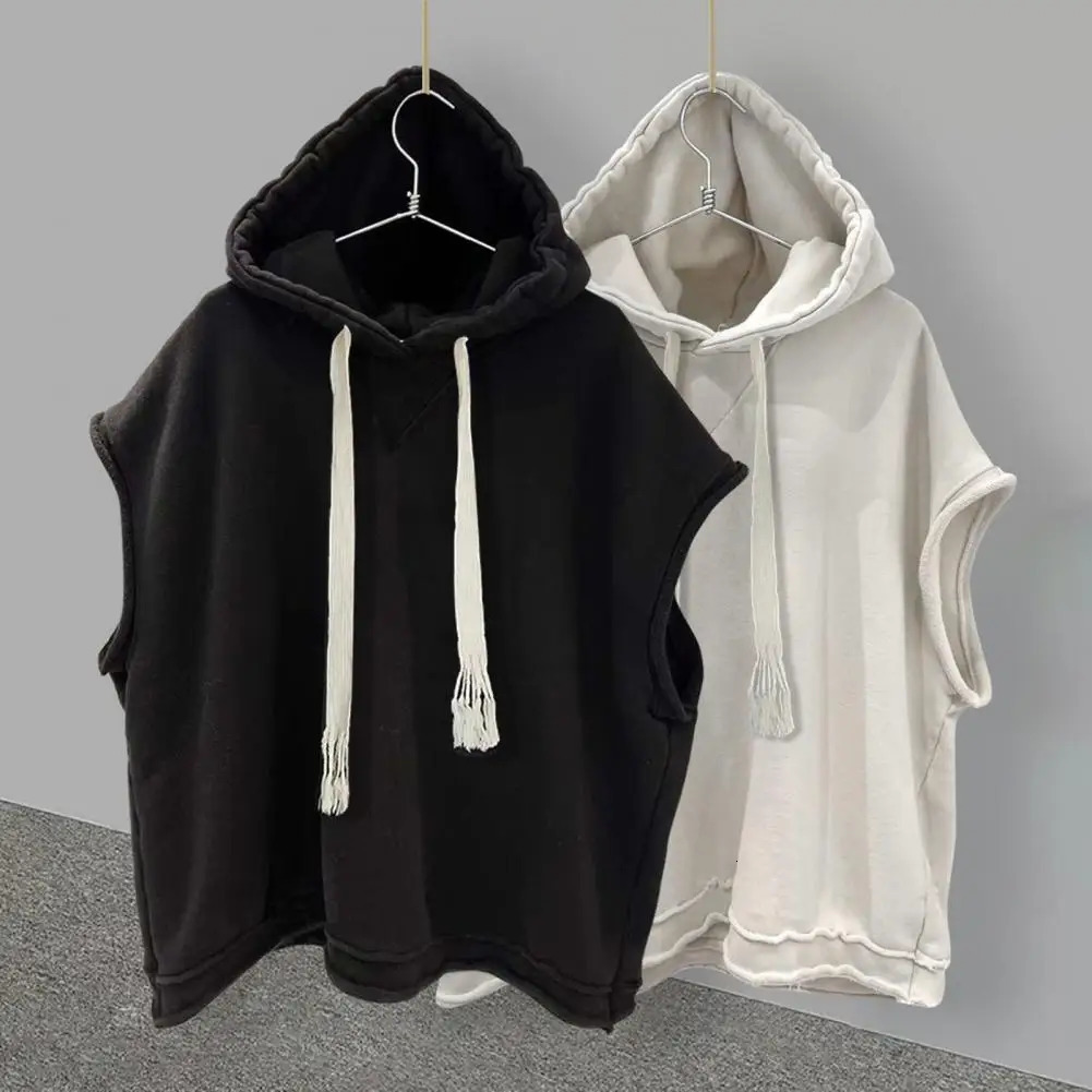 Men Solid Color Tshirt Loose Hoodie Mens Sleeveless Hooded Tank Top with Drawstring Hip Hop Streetwear Pullover for Casual 250909