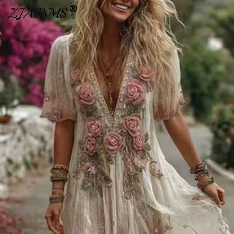 Bohemian Woman Clothes Spring Retro 3D Flower Swing Pleated Maxi Dress Hollow Deep V Neck Short Sleeve Summer Dresses 250909