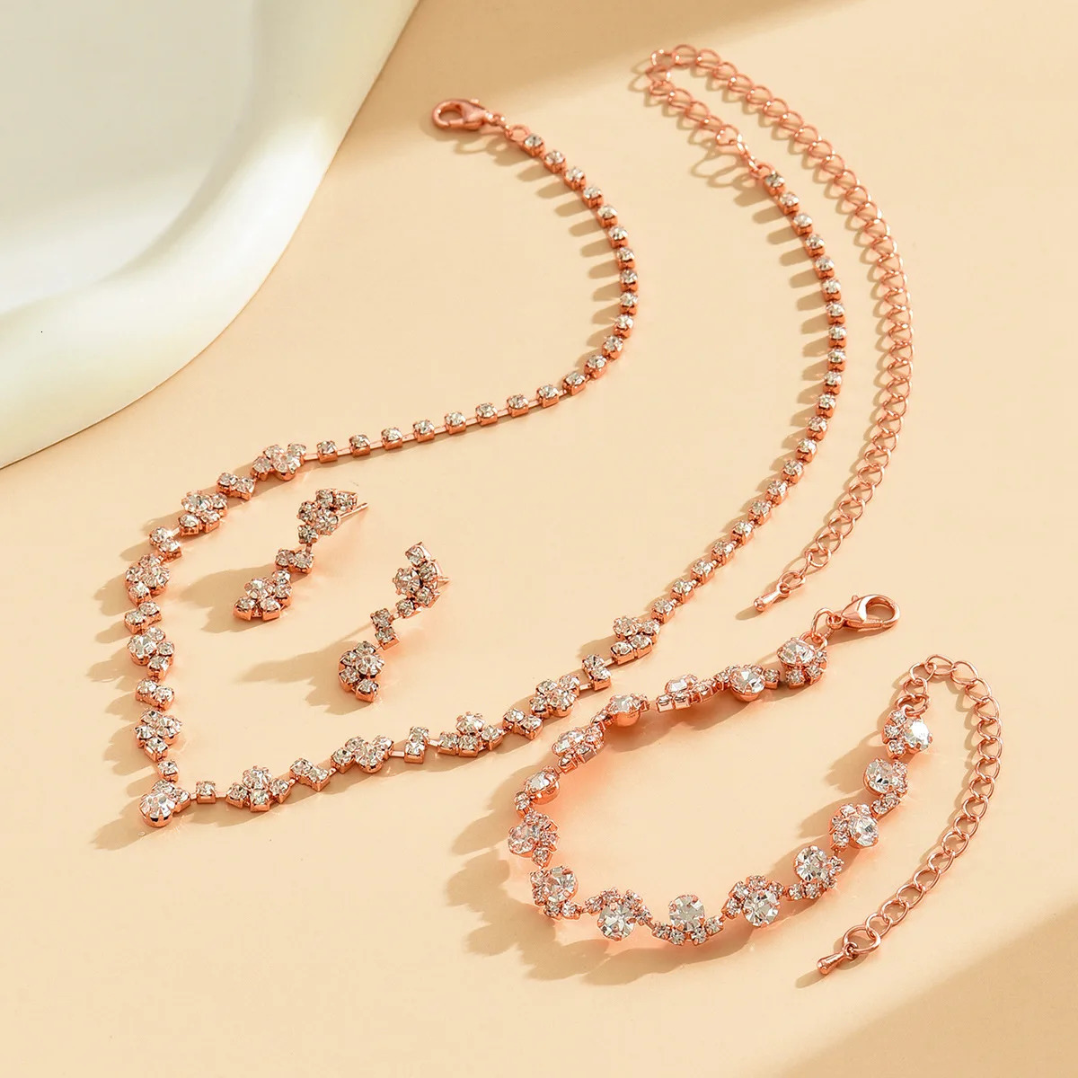TREAZY rose gold color Rhinestone Wedding for Women Crystal Necklace Earrings Bracelet Bridal Jewelry Sets 250908 Z260313
