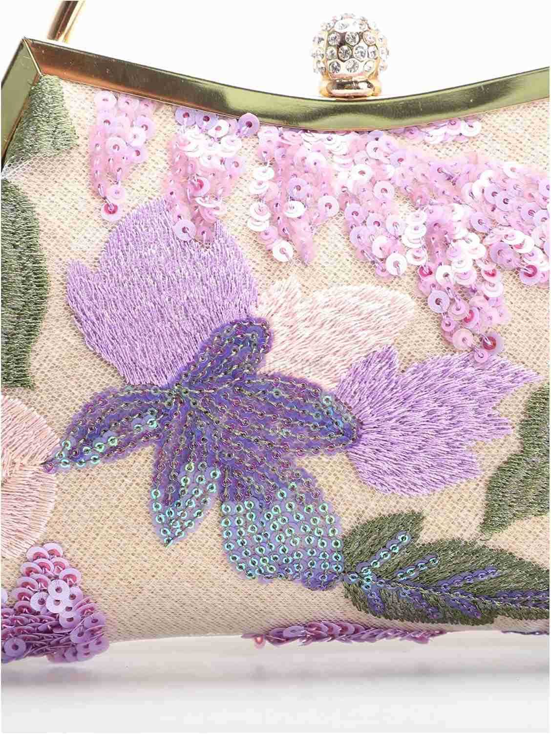 Womens Vintage Floral Sequin Evening Bag Top Handle Crossbody Handbags with Chain Strap Z25909
