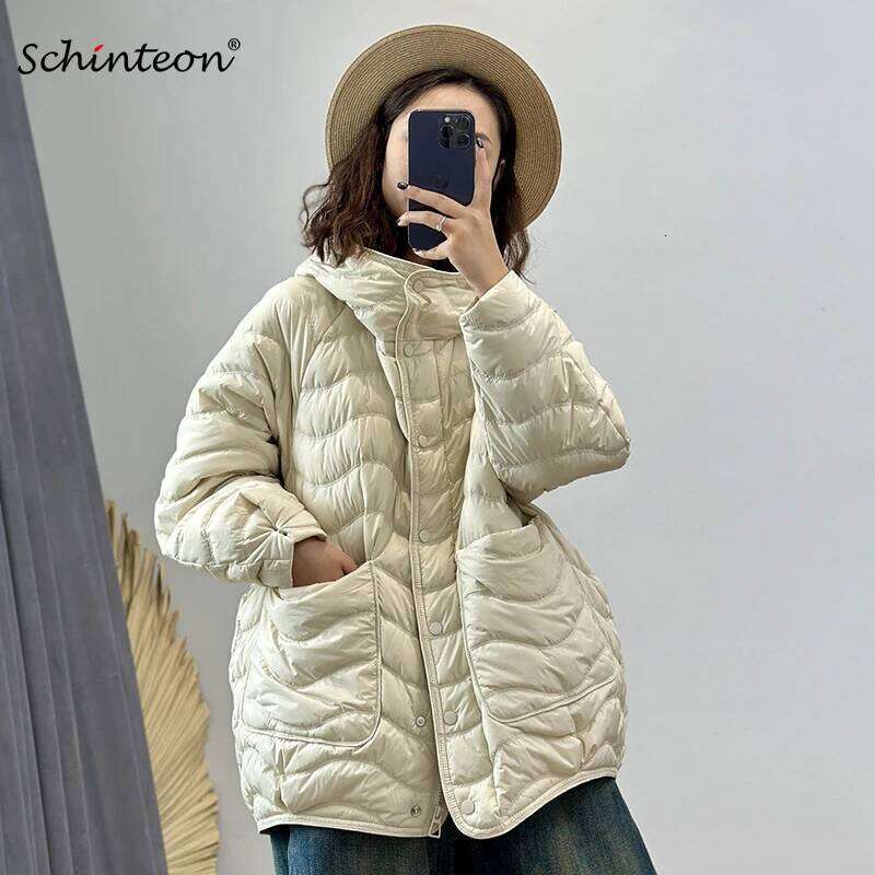 Schinteon Women 90% White Duck Down Jacket Casual Loose Over Size Autumn Winter Light Outwear With Hood Top Quality Coat 2026