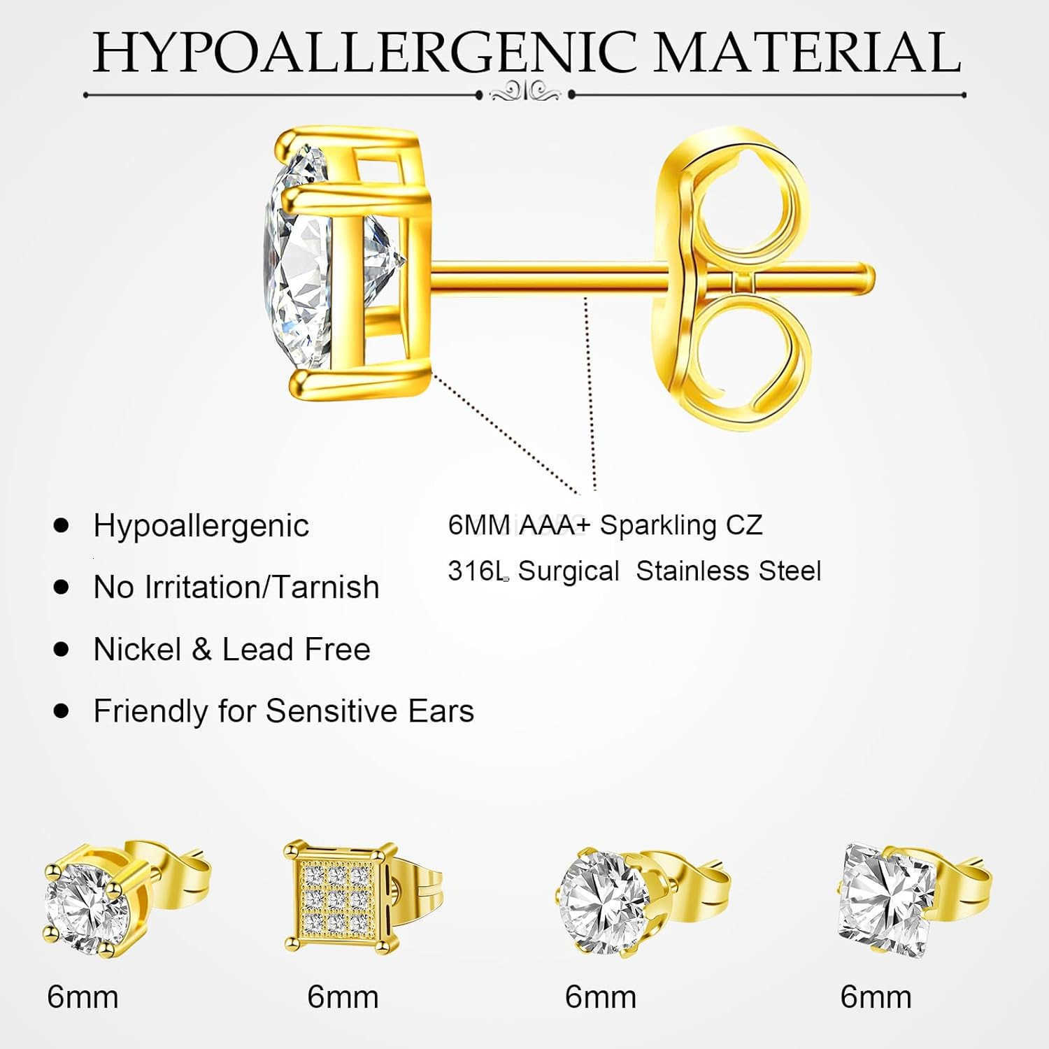 12 Pairs Stud Earrings for Men Stainless Steel Mens Earrings Studs Hypoallergenic Cubic Zirconia Earrings for Women MenW250909