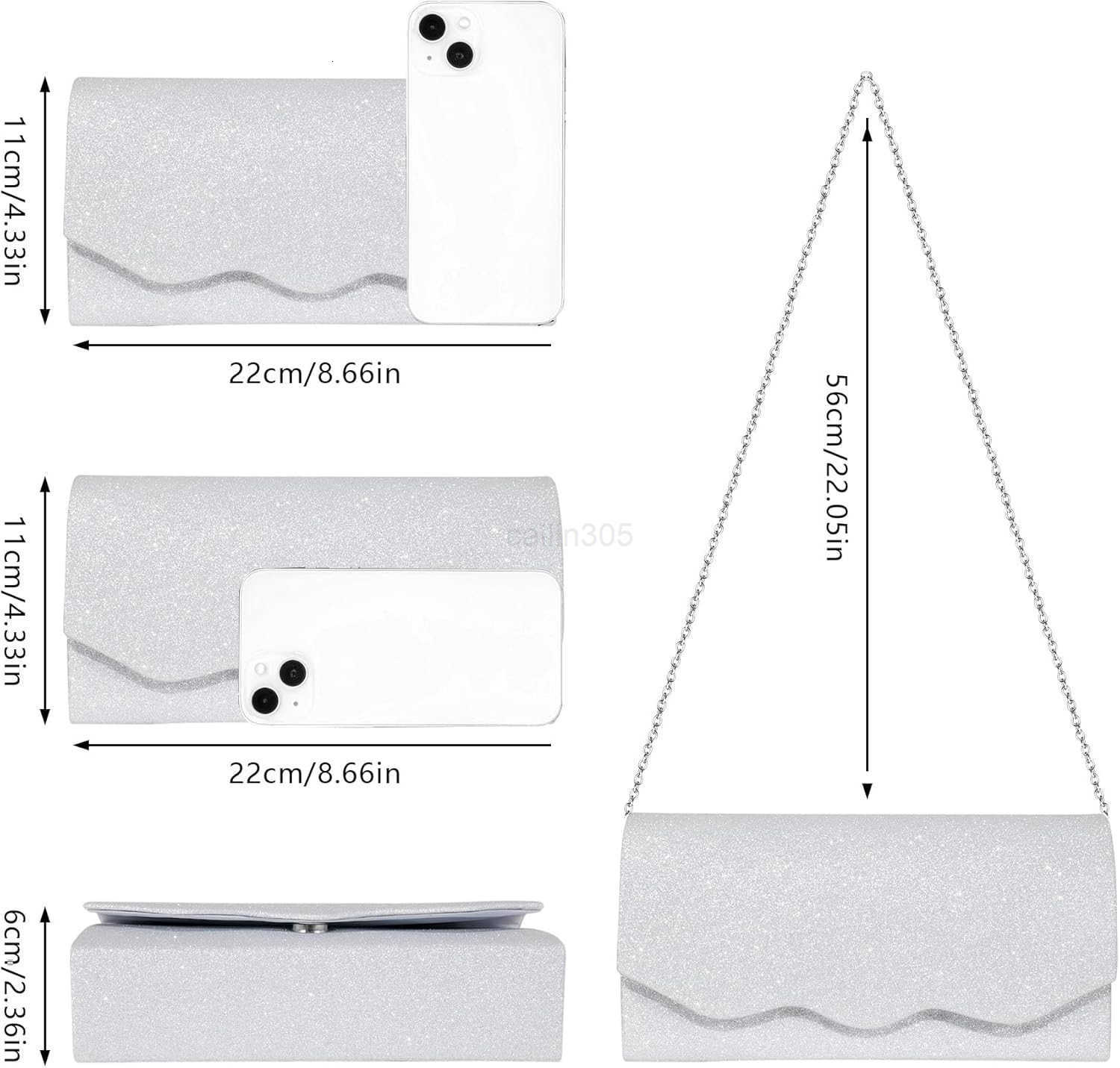 Bag Clutch Purse for Women Silver Formal Handbag with Crossbody Chain Glittery Purse for Wedding Porm Z25909