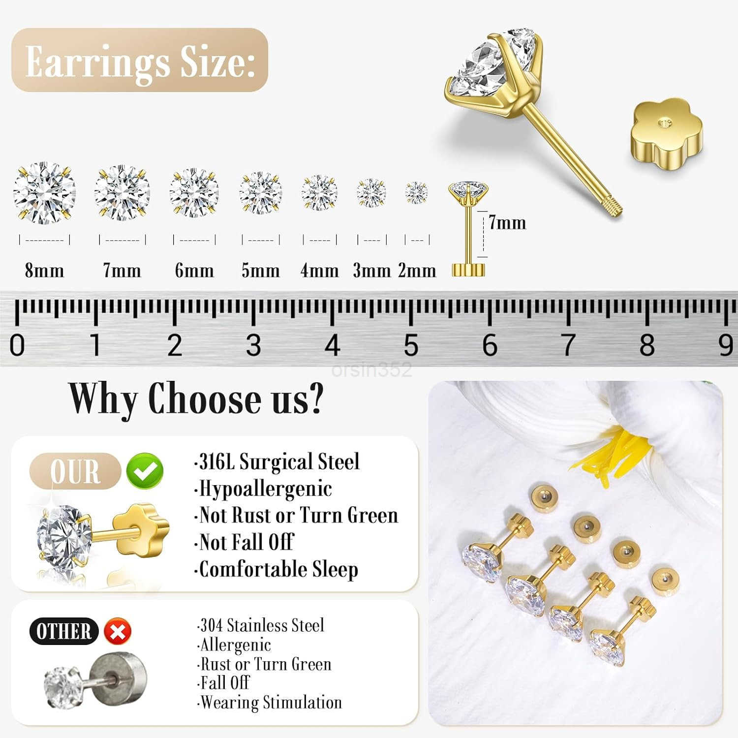 7 Pairs 20G Flat Back Stud Earrings for Women Men Hypoallergenic 14K Gold Plated Surgical Steel Stack Cartilage Earrings for Multiple Piercing Sensiti
