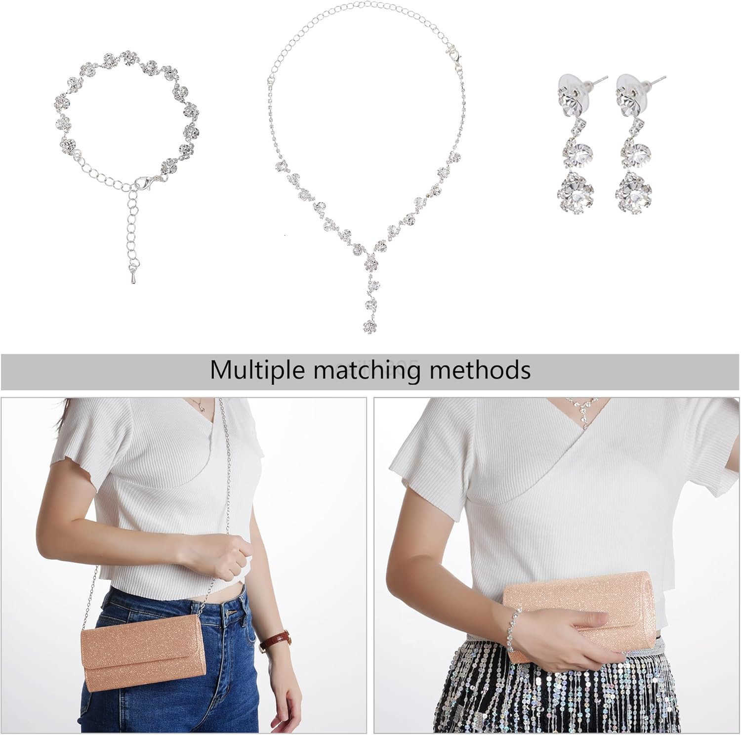 4 Pieces Women Evening Rhinestone Jewelry Set Bling Glitter Clutch Purse Necklace Earrings Bracelets for Women Bride Wedding Evening Party Z25909