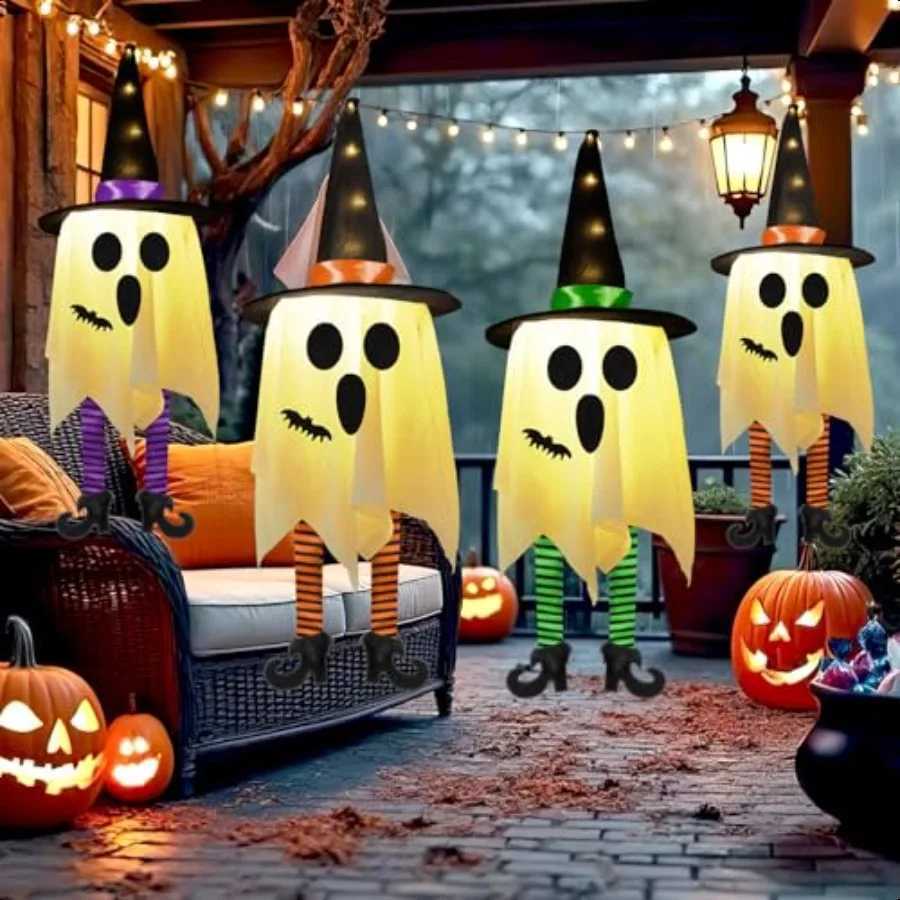 3pcs Halloween Hanging Ghosts Outdoor Decorations Ghosts of Halloween with Witch Hat Outdoor Hanging Ghost Decor Glowing Ghost H250908