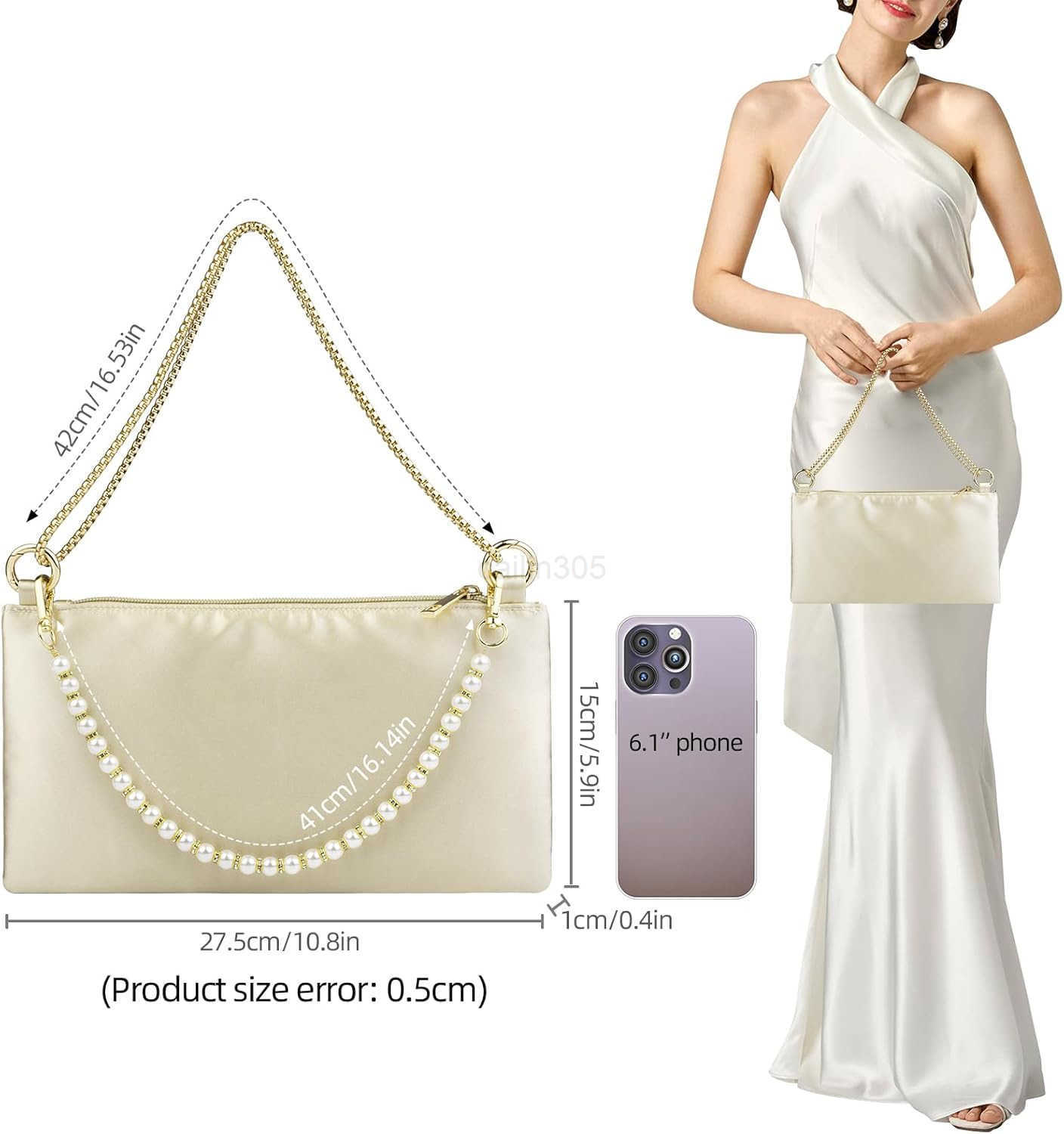 Satin Evening Handbag Wedding Prom Clutch Purse Formal Cocktail Party Clutches Shoulder Bag with 2 Bag Chains Z25909