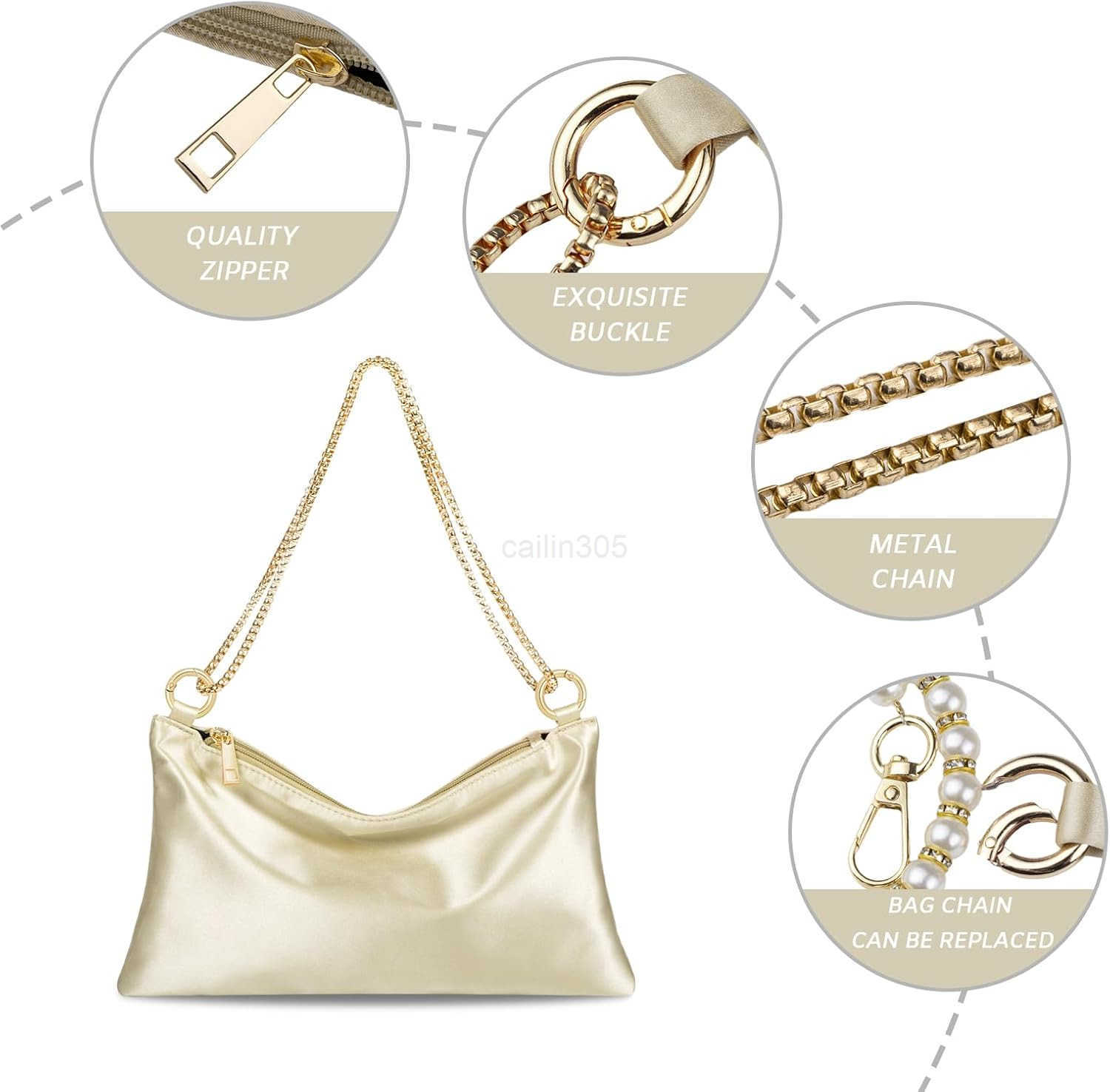 Satin Evening Handbag Wedding Prom Clutch Purse Formal Cocktail Party Clutches Shoulder Bag with 2 Bag Chains Z25909
