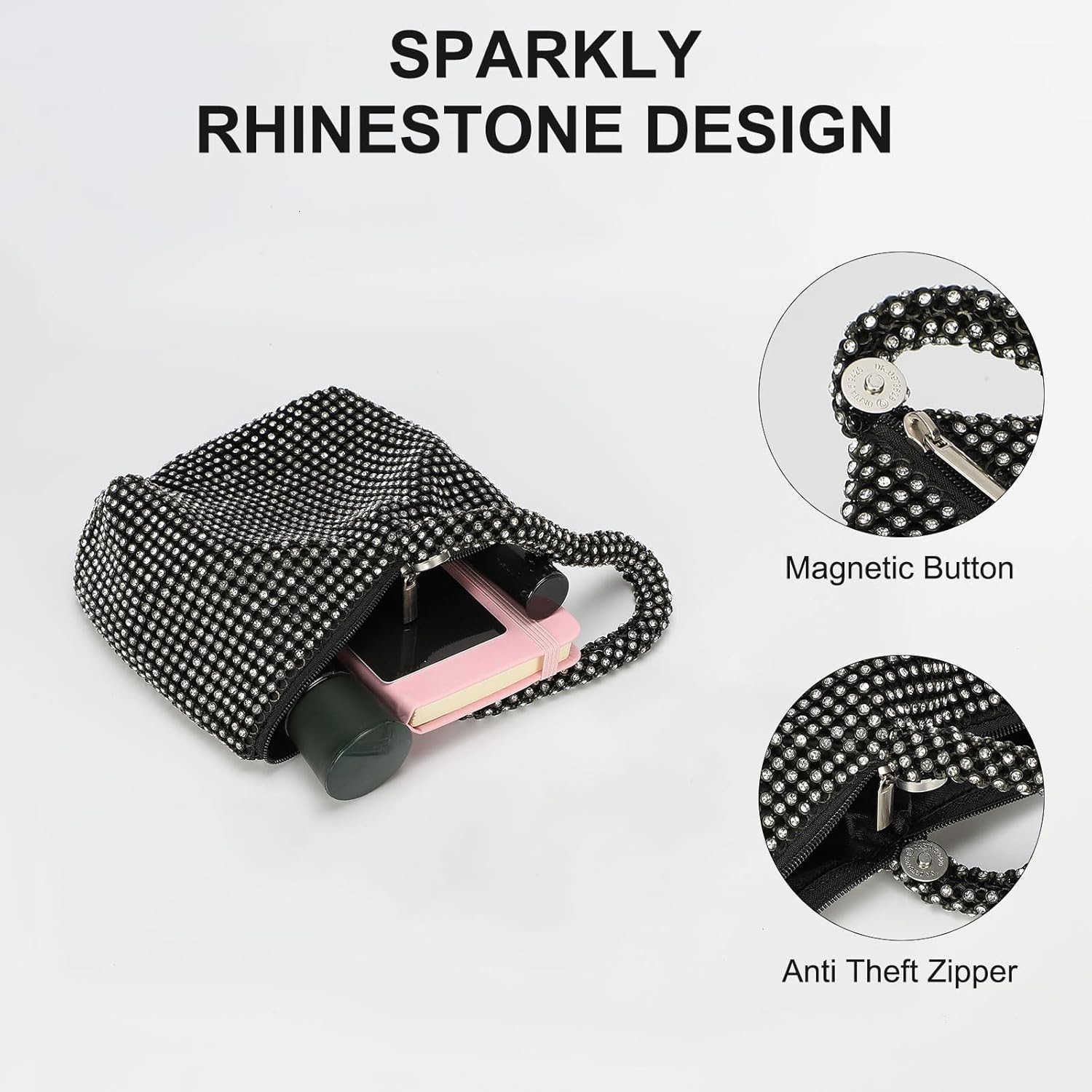 Womens Evening Bags Sparkly Rhinestone 708 Mini Clutch Vintage Triangle Small Purse Handbag for 1920s Party Wedding L Black Z25909