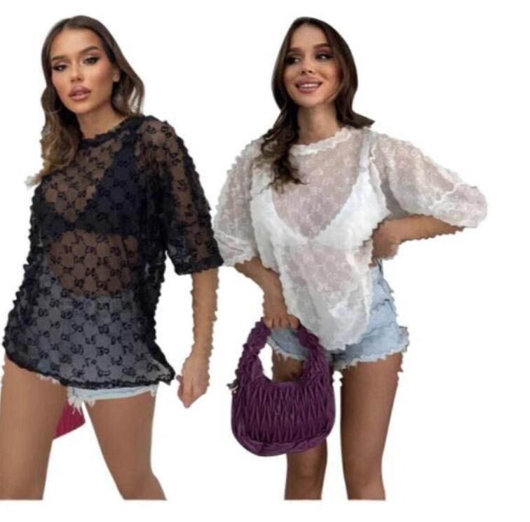Luxury Sexy See Through T Shirt Women Sheer Mesh letter Hollow Short Sleeve O Neck tees Top T-Shirt nightclub Lady Clubwear