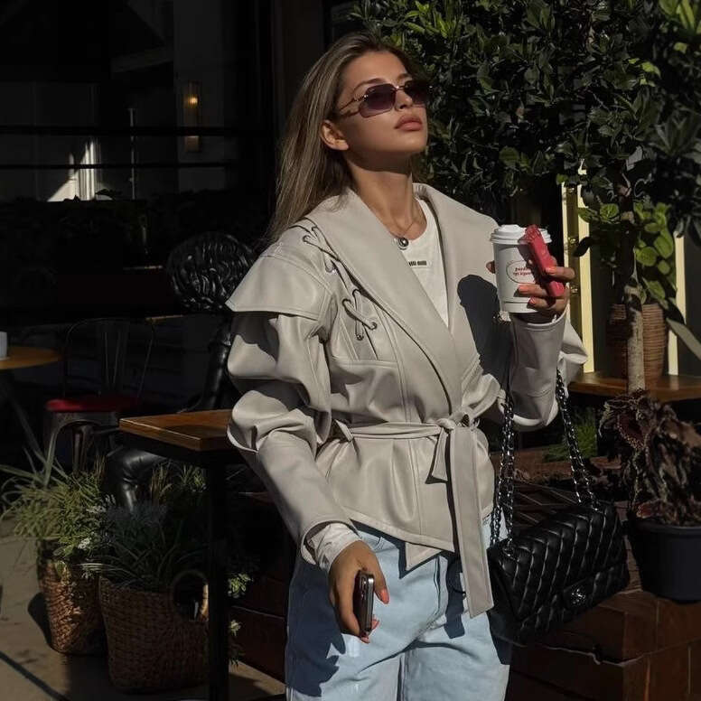 Women's jacket women's coat Hoodie hoodies tracksuit European and American Women's Clothing Hot-Selling American Retro Casual Faux Leat