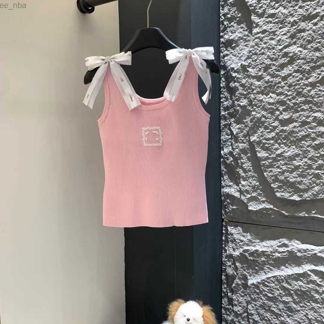 Women cute sweet ribbon bow patched shoulder knitted designer lace embroidery sleeveless tanks vest camis SMLXL