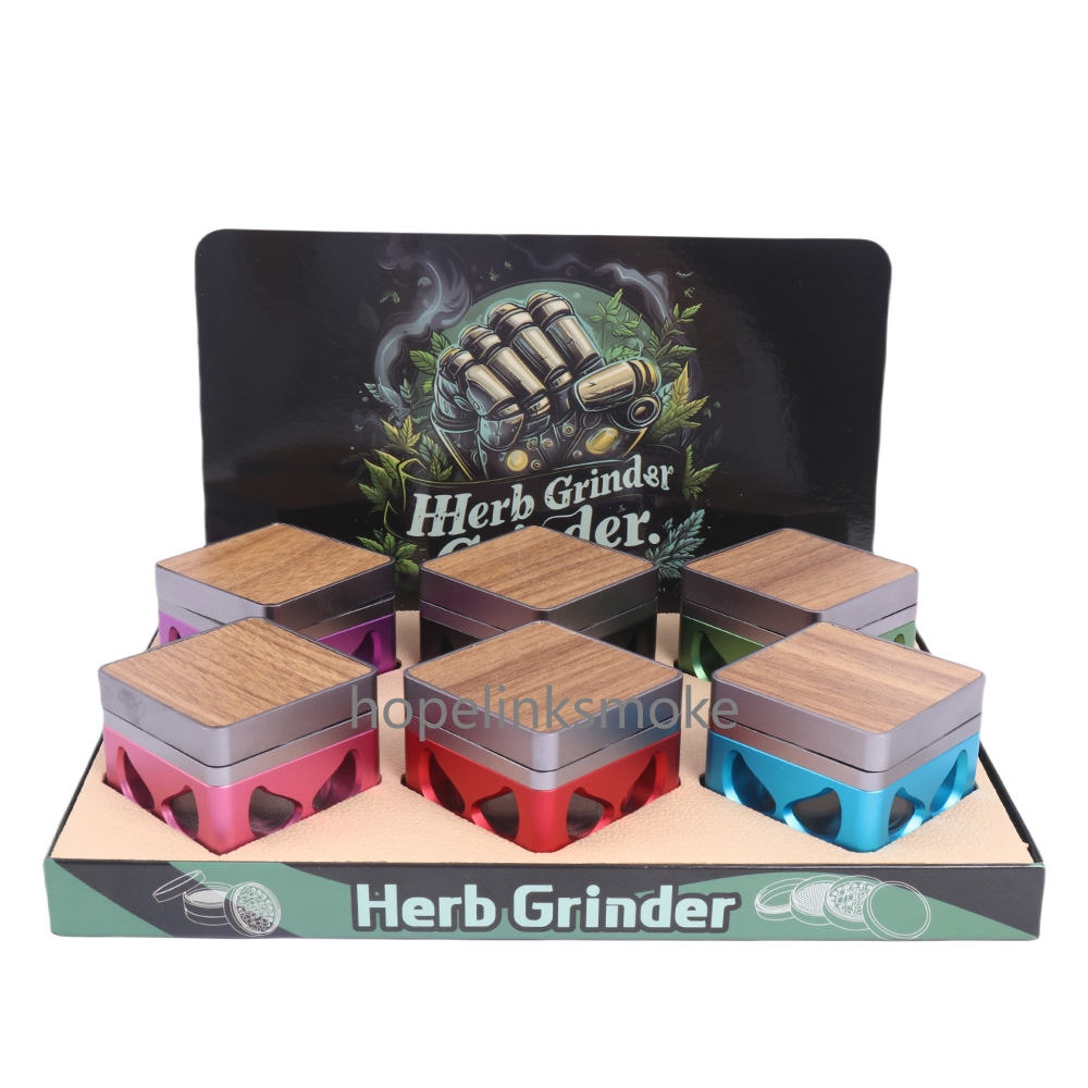 Zorro Eyes Window Square Shape Aluminum Alloy Metal Herb Grinder with Wood Grain Lid